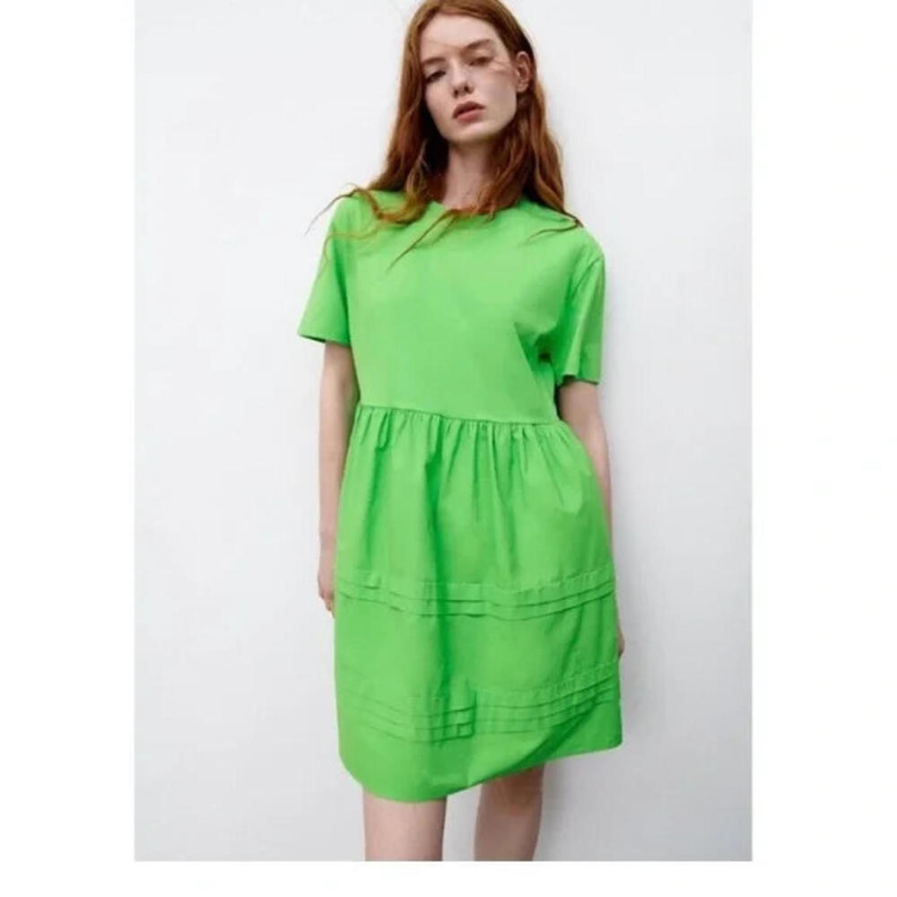ZARA  Size Small Green Babydoll Dress Short Sleeve Tiered Skirt‎ Cotton Poplin